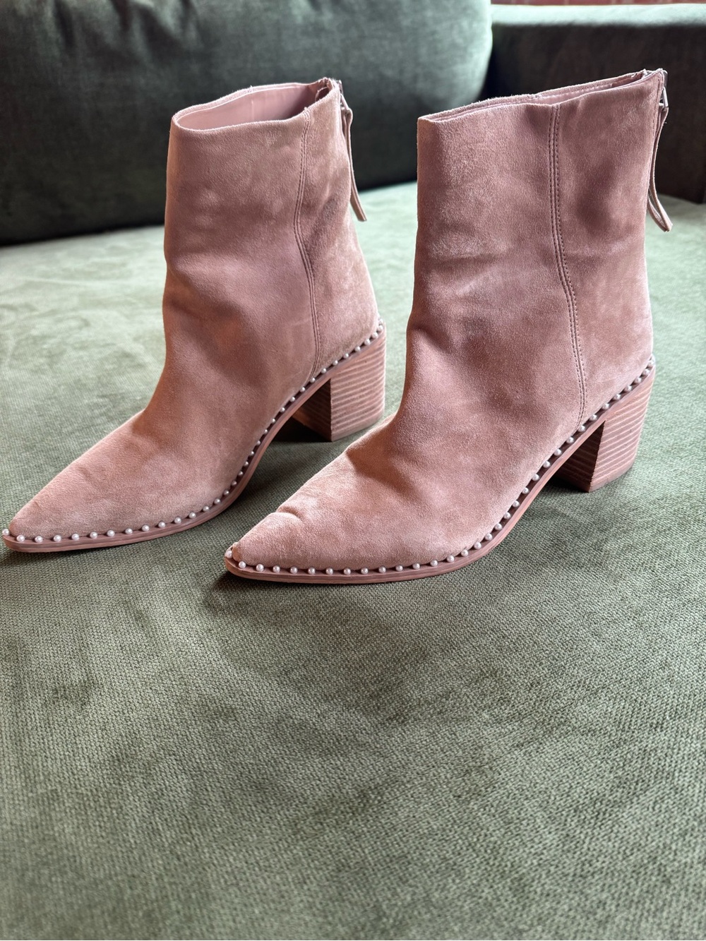 Steve Madden Taupe Suede Pointed Toe Ankle Booties with Pearl Trim